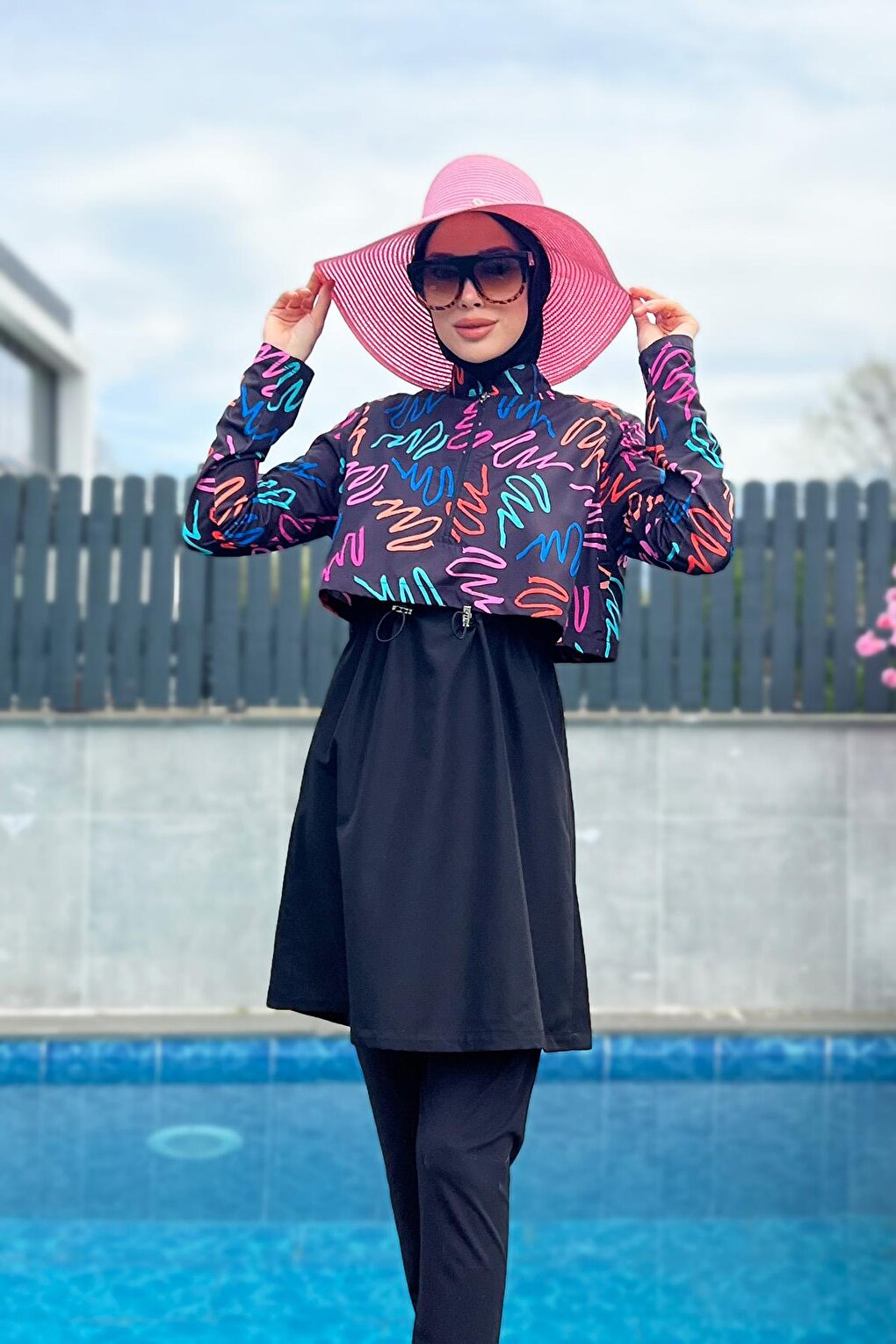 Fully Covered Hijab Swimsuit with Parachute Front Cover R046 Black Color Neon