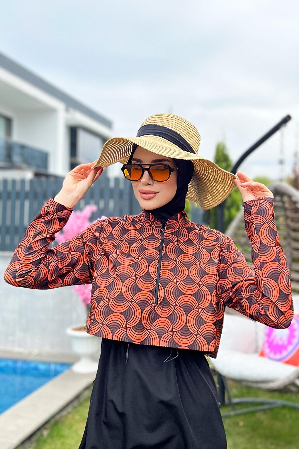 Fully Covered Hijab Swimsuit with Parachute Front Cover Orange R047 Retro