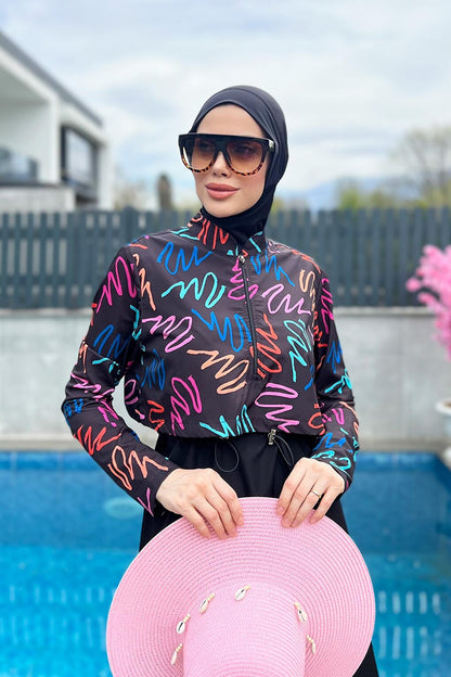 Fully Covered Hijab Swimsuit with Parachute Front Cover R046 Black Color Neon