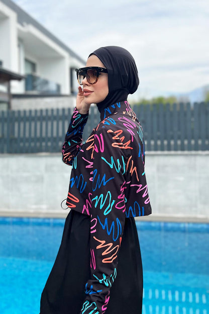 Fully Covered Hijab Swimsuit with Parachute Front Cover R046 Black Color Neon