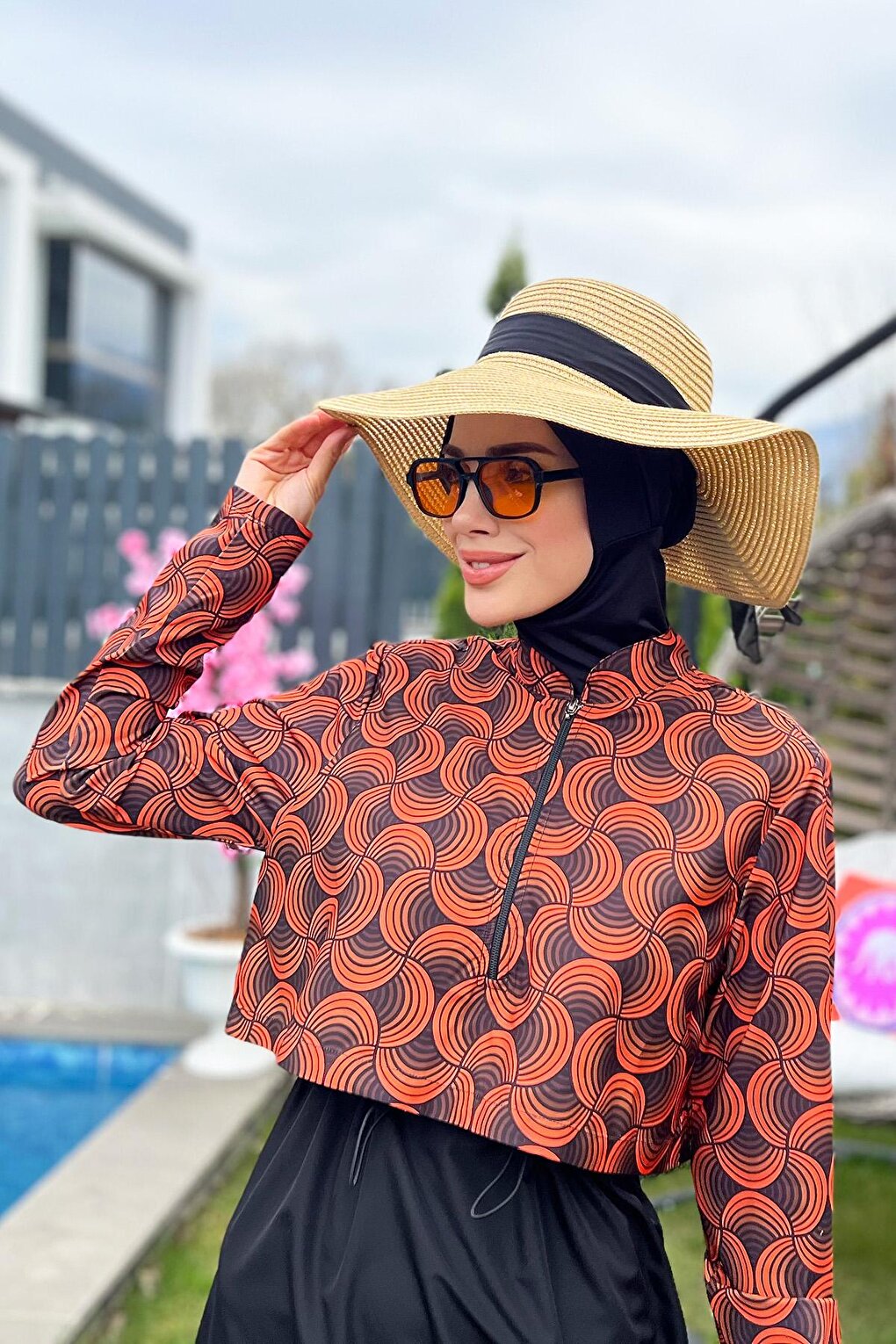 Fully Covered Hijab Swimsuit with Parachute Front Cover Orange R047 Retro