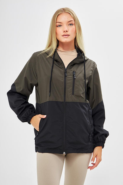 Women's Two Color Lined Water and Windproof Hooded Raincoat with Pockets BY-100