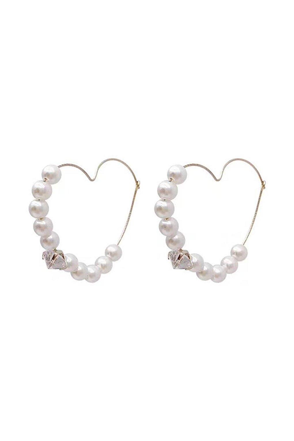 Wire Hoop Heart Earrings with Pearl and Crystal Stones