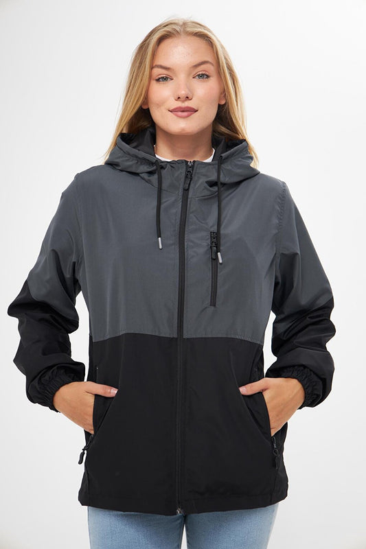 Women's Two Color Lined Water and Windproof Hooded Raincoat with Pockets BY-100