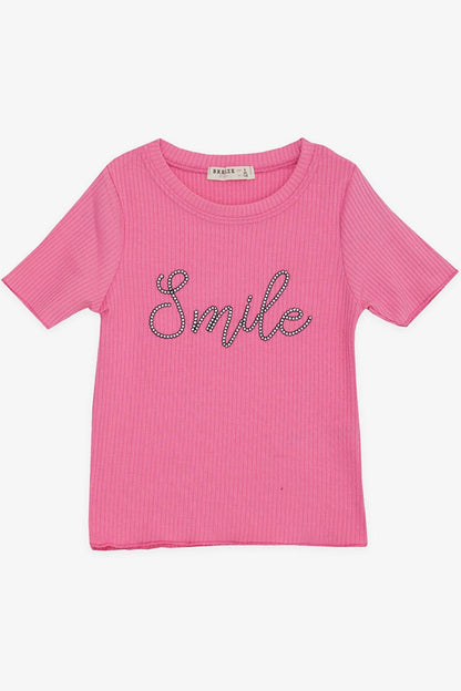 Girl's Crop T-Shirt Embroidered Text Printed Fuchsia (8-14 Years)