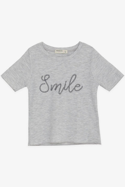 Girl's Crop T-Shirt Embroidered Text Printed Gray Melange (Ages 8-14)