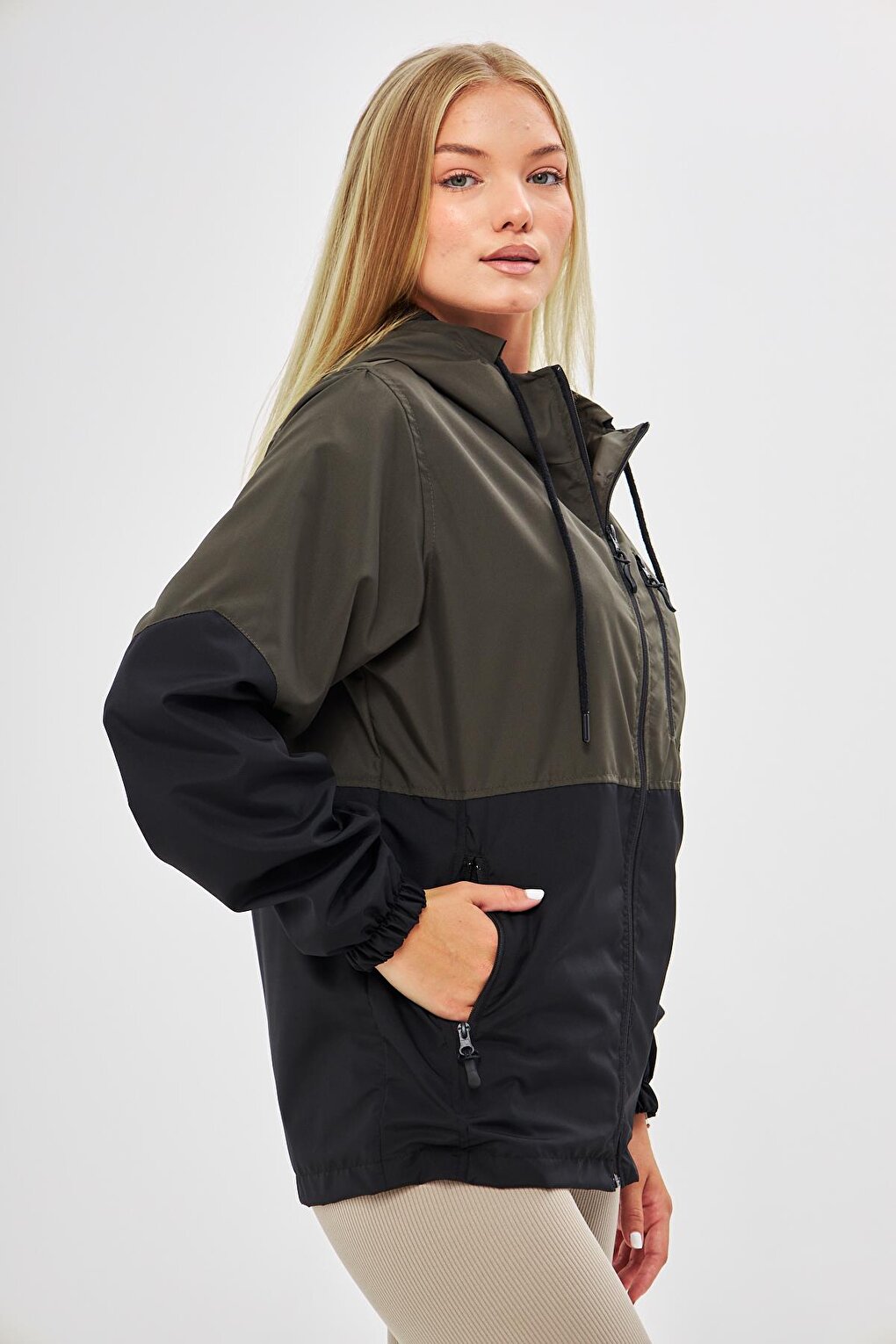 Women's Two Color Lined Water and Windproof Hooded Raincoat with Pockets BY-100