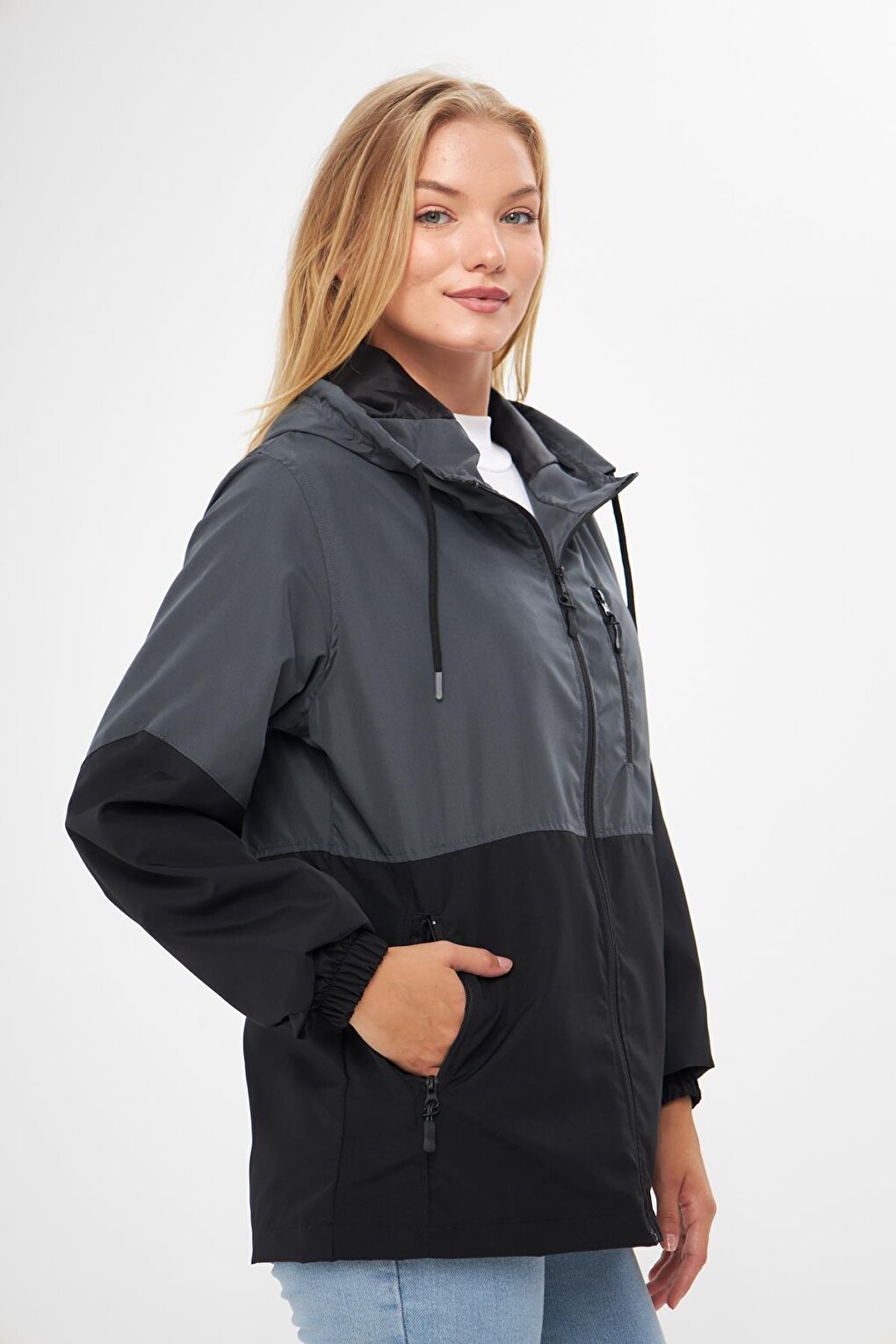 Women's Two Color Lined Water and Wind Resistant Hooded Raincoat with Pockets BY-100