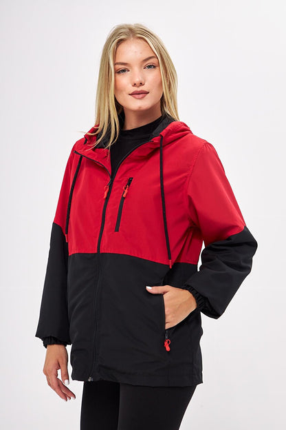 Women's Two Color Lined Water and Windproof Hooded Raincoat with Pockets BY-100