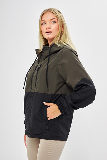 Women's Two Color Lined Water and Wind Resistant Hooded Raincoat with Pockets BY-100