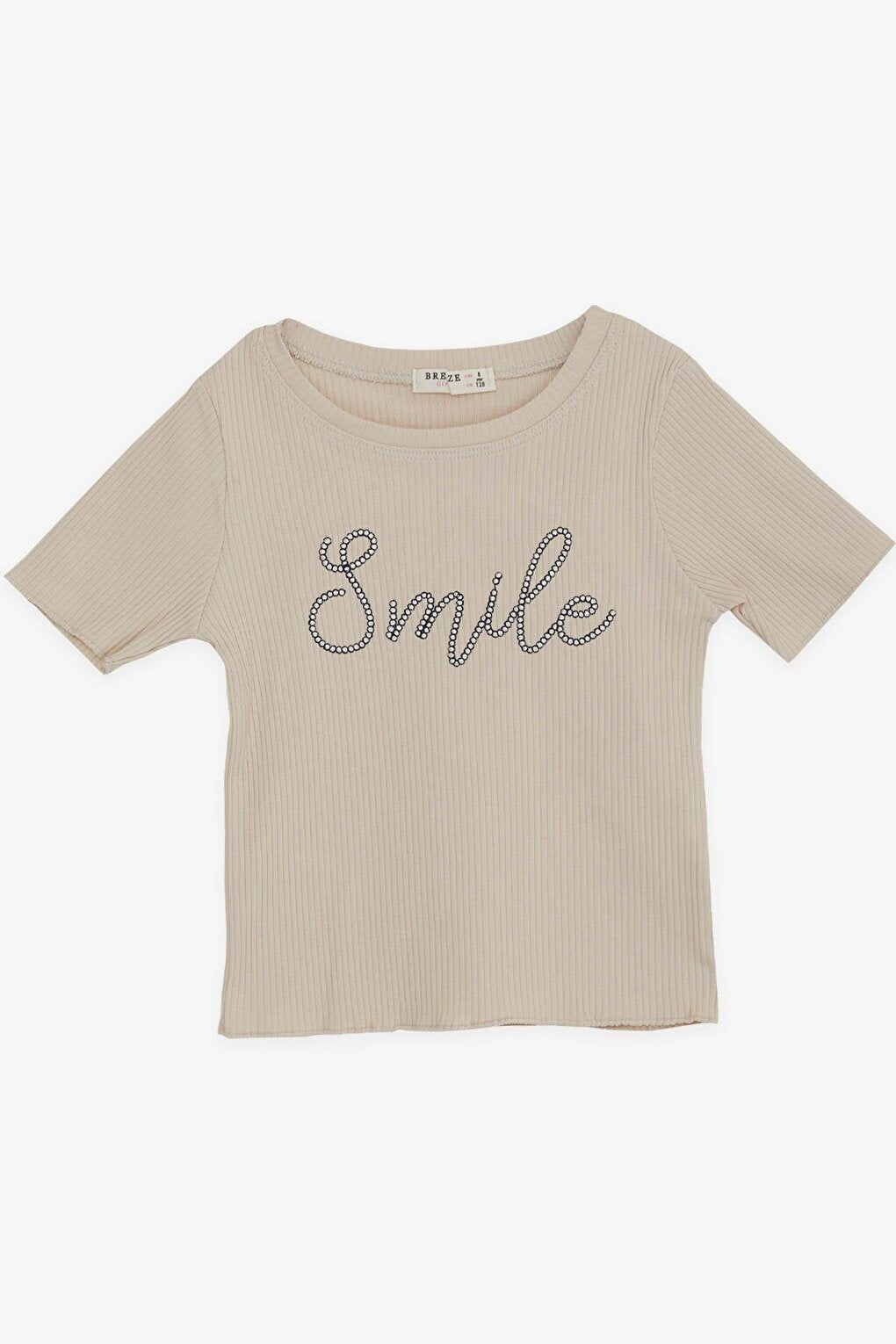 Girl's Crop T-Shirt Embroidered Text Printed Beige (8-14 Years)