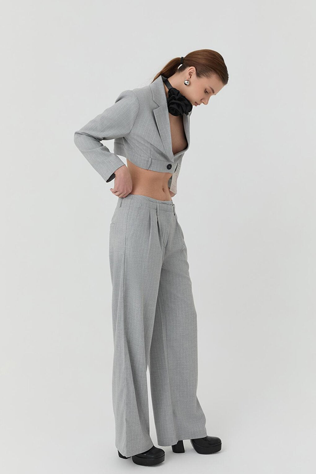 Double Waist Detailed Back Printed Trousers Light Grey