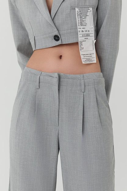 Double Waist Detailed Back Printed Trousers Light Grey