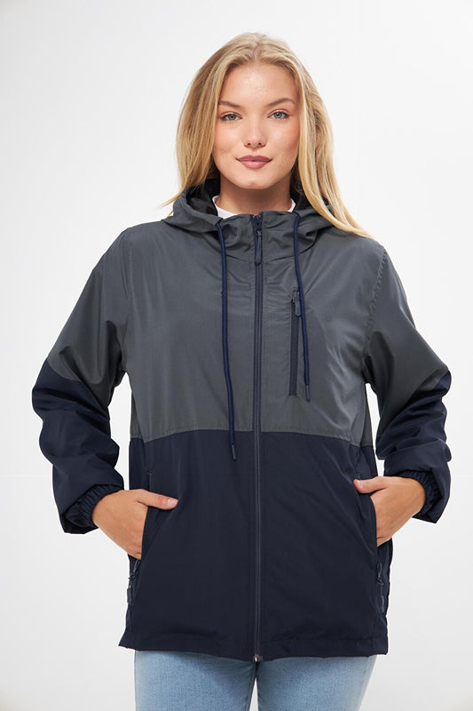 Women's Two Color Lined Water and Wind Resistant Hooded Raincoat with Pockets BY-100