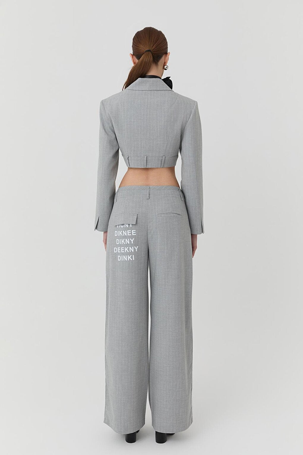 Double Waist Detailed Back Printed Trousers Light Grey