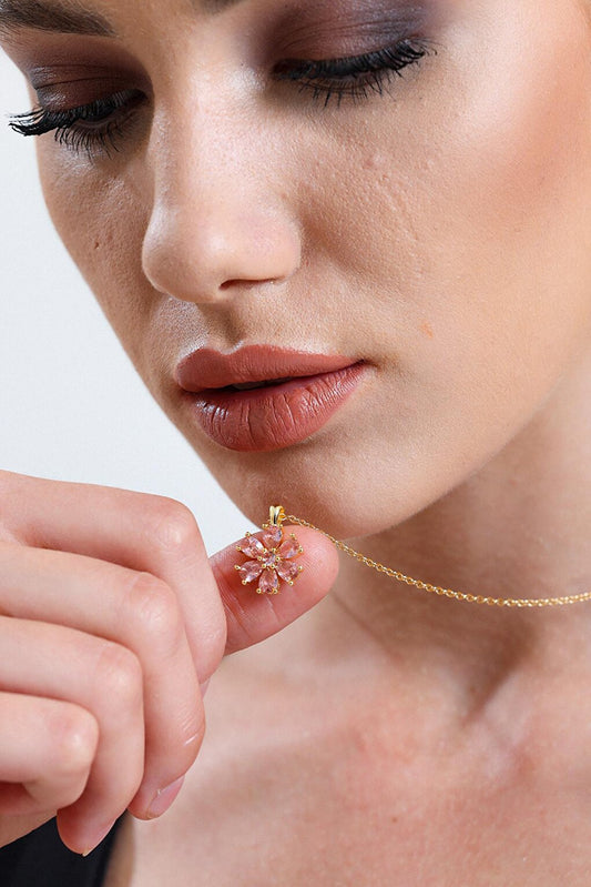 Gold Plated Pink Drop Stone Flower Necklace