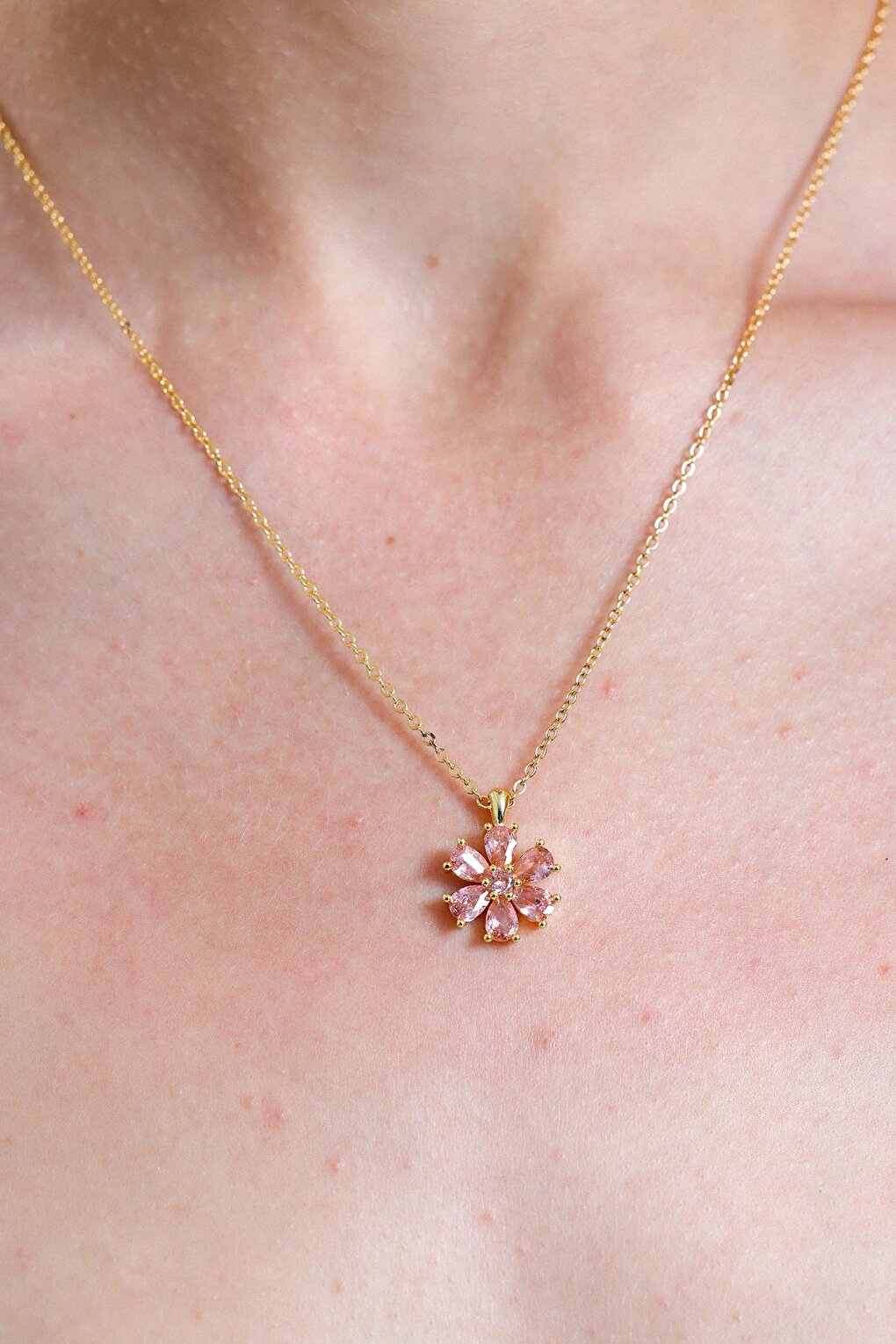 Gold Plated Pink Drop Stone Flower Necklace