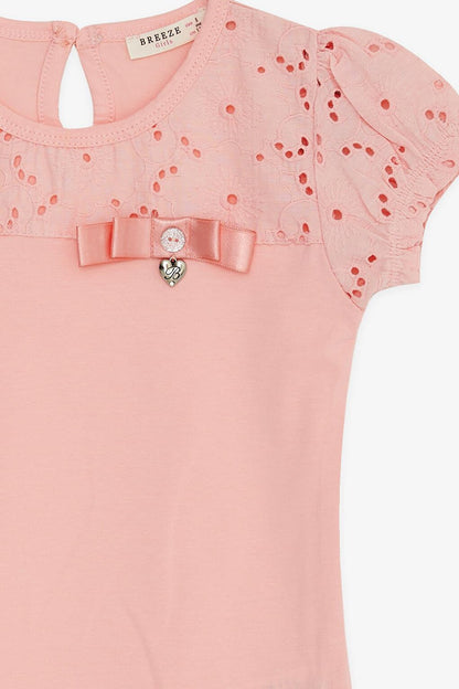 Girl's T-Shirt Salmon with Guipure Accessories (Age 5-10)