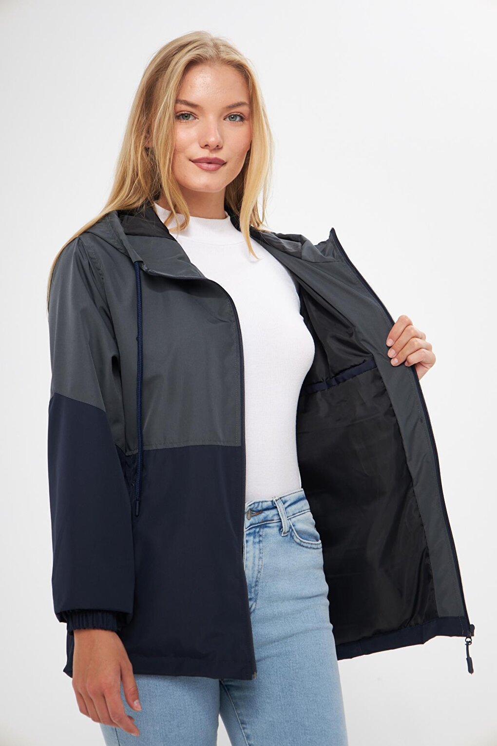 Women's Two Color Lined Water and Windproof Hooded Raincoat with Pockets BY-100