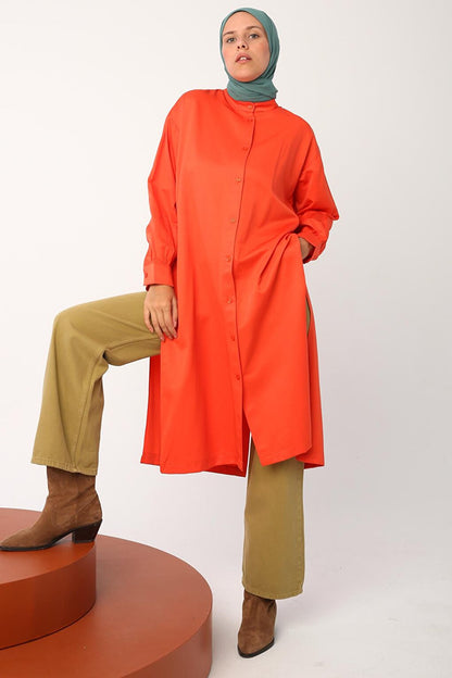 Orange Buttoned Front and Back Deep Slit Shirt Tunic