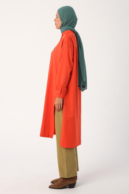 Orange Buttoned Front and Back Deep Slit Shirt Tunic