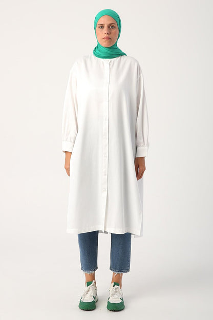 Ecru Buttoned Front and Back Deep Slit Shirt Tunic