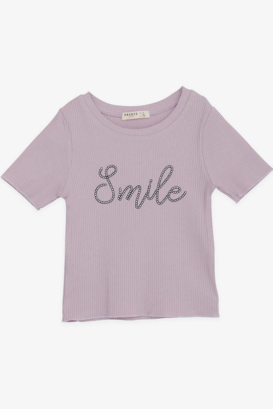 Girl's Crop T-Shirt Embroidered Text Printed Lilac (Ages 8-14)