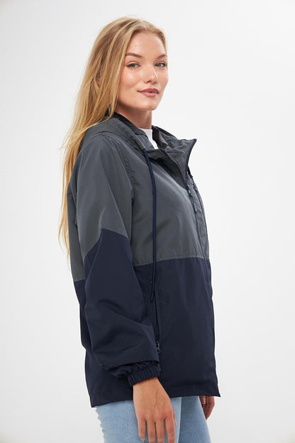 Women's Two Color Lined Water and Wind Resistant Hooded Raincoat with Pockets BY-100