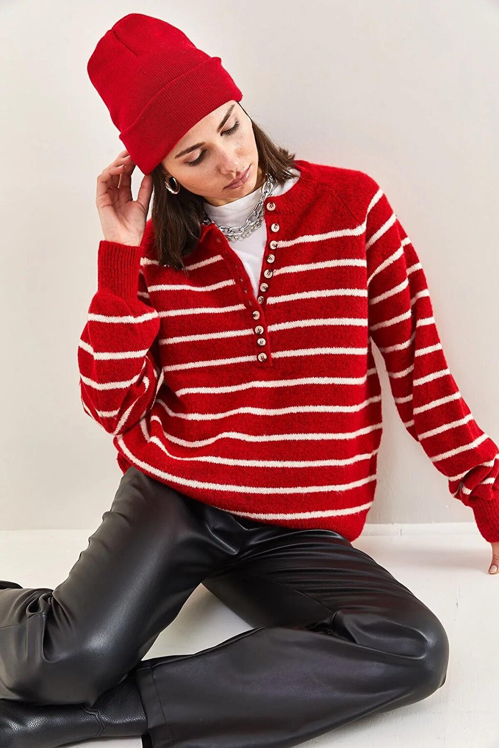 Women's Buttoned Collar Turtleneck Striped Knitwear Sweater