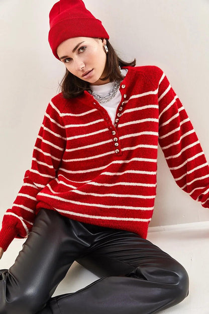 Women's Buttoned Collar Turtleneck Striped Knitwear Sweater