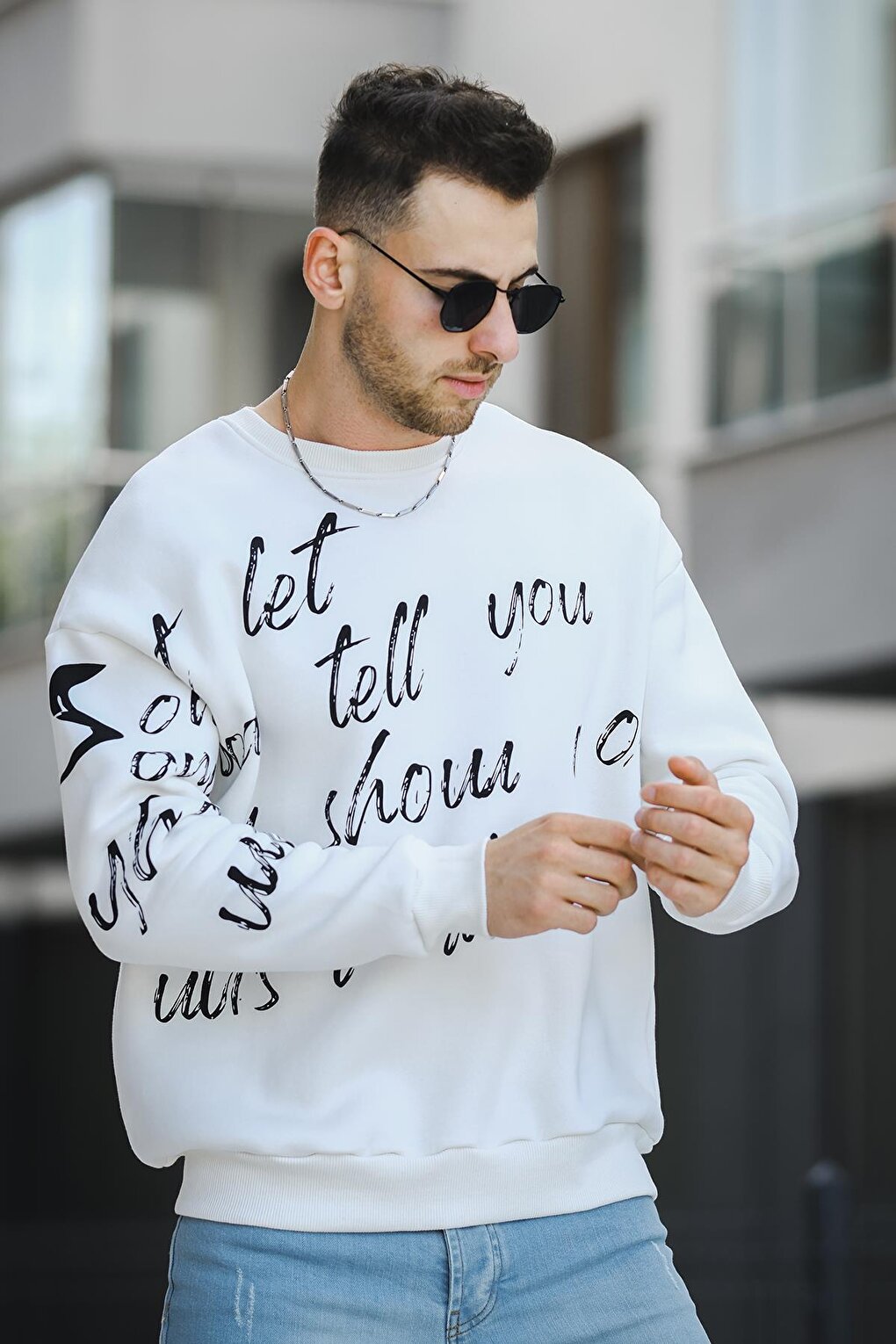 Three Thread Raised Printed Crew Neck Oversize Men's Sweatshirt