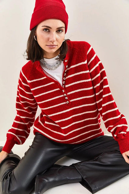 Women's Buttoned Collar Turtleneck Striped Knitwear Sweater