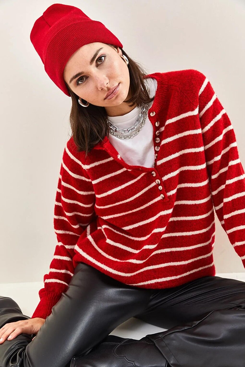 Women's Buttoned Collar Turtleneck Striped Knitwear Sweater