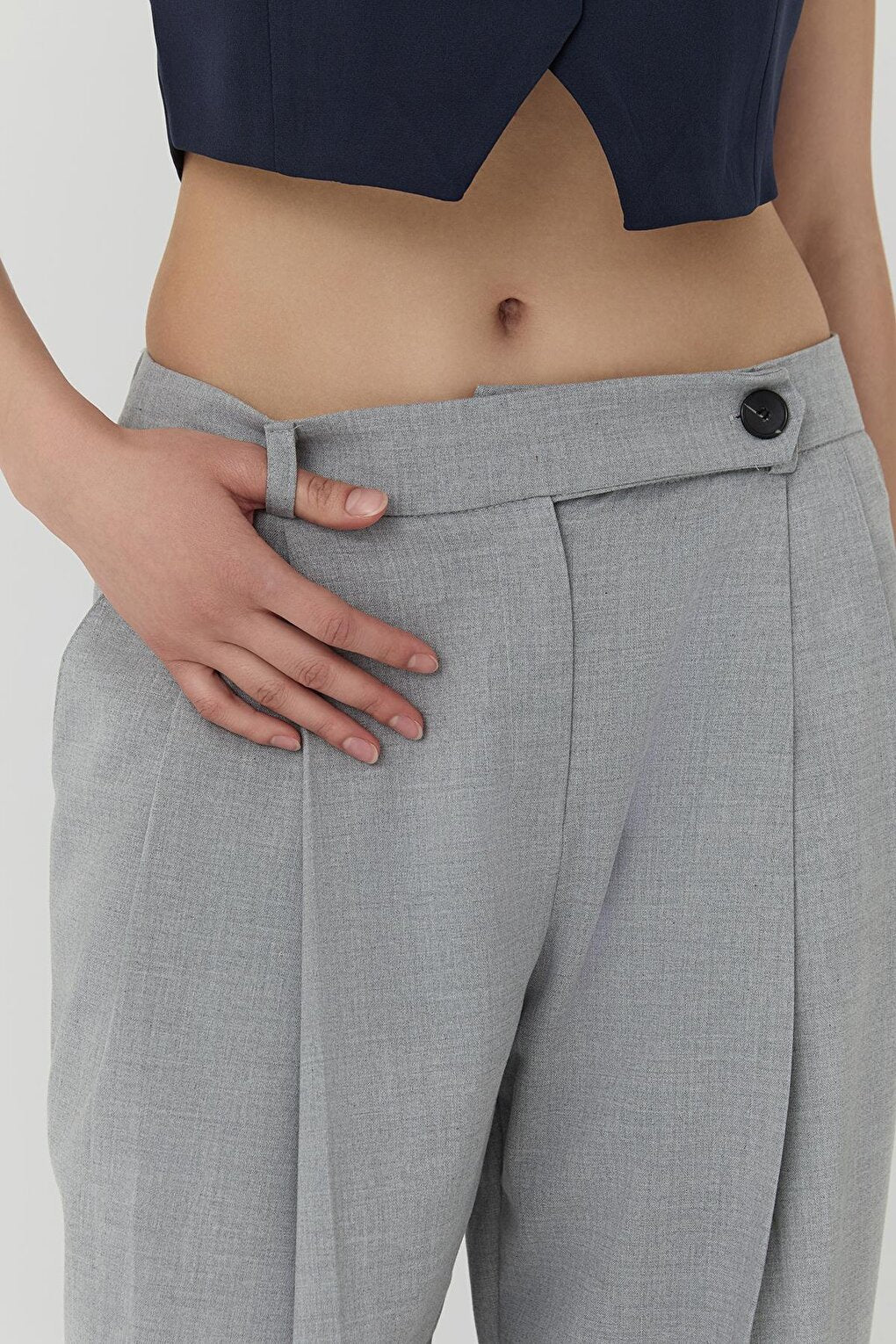 Button Detailed Dart Trousers Light Grey