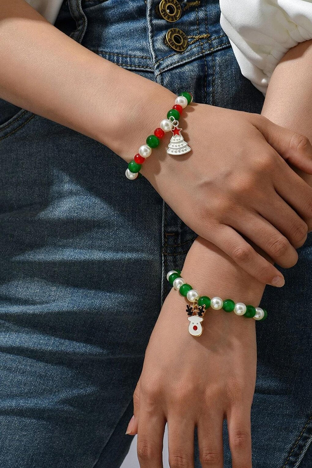 Christmas Tree Charm Beaded Bracelet 2 Pieces