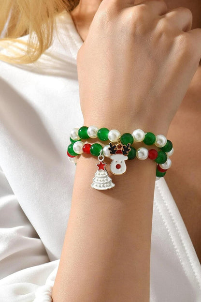 Christmas Tree Charm Beaded Bracelet 2 Pieces