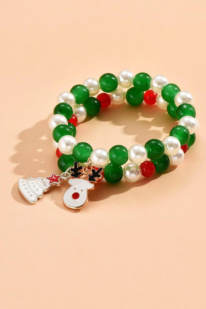 Christmas Tree Charm Beaded Bracelet 2 Pieces