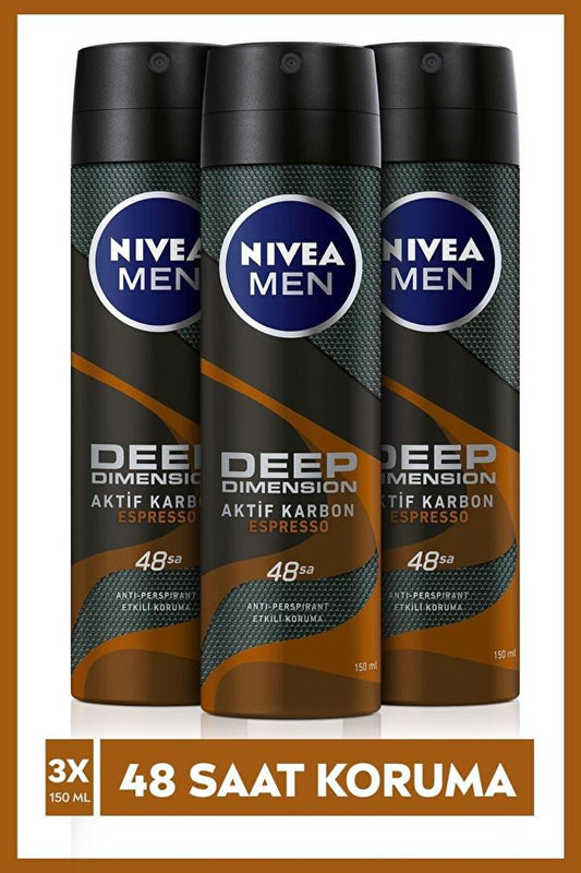 Men's Deodorant Deep Dimension Espresso 150 ml X3 Pieces, 48 Hours Anti-Perspirant Protection