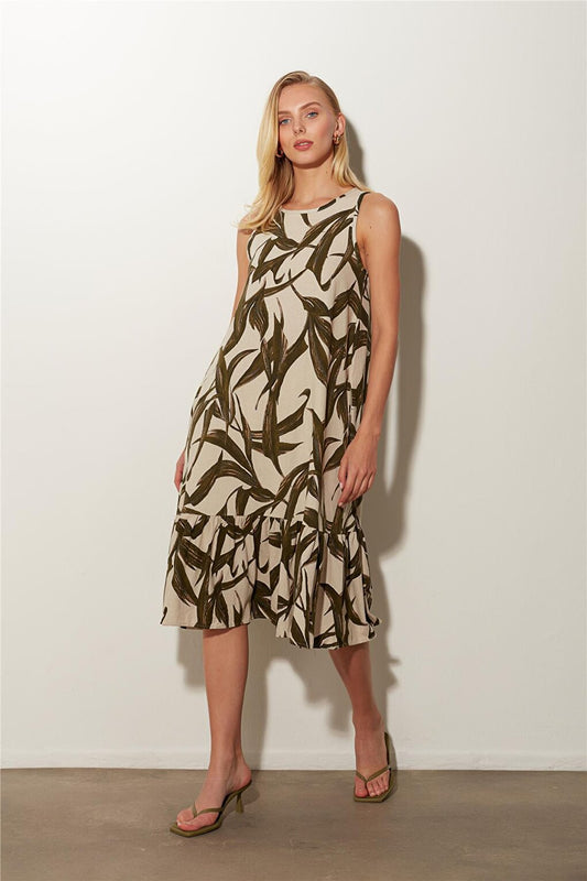 Ecru Green Leaf Patterned Midi Dress SS23D4787EK