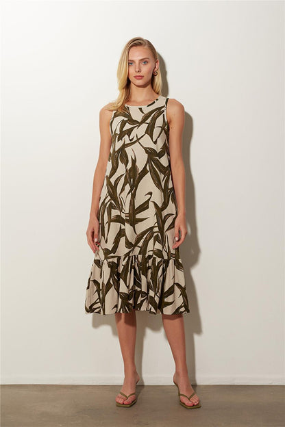 Ecru Green Leaf Patterned Midi Dress SS23D4787EK