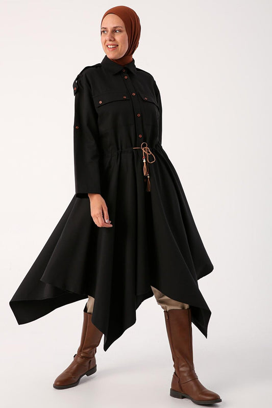 Black Asymmetric Skirt Shirt Tunic with Epaulettes