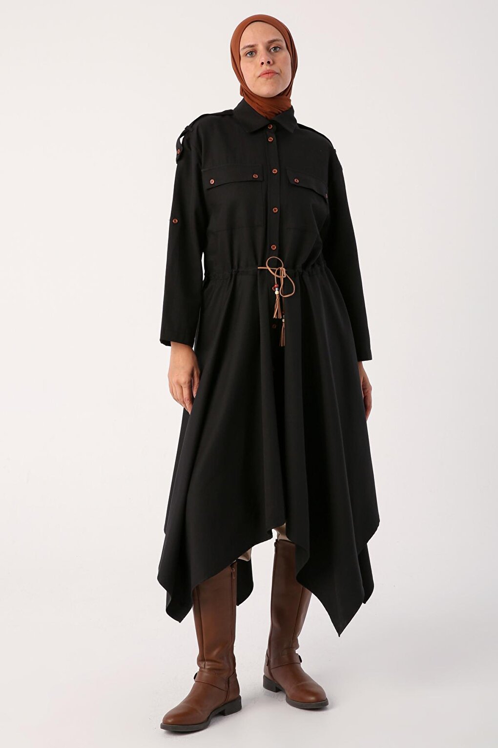 Black Asymmetric Skirt Shirt Tunic with Epaulettes