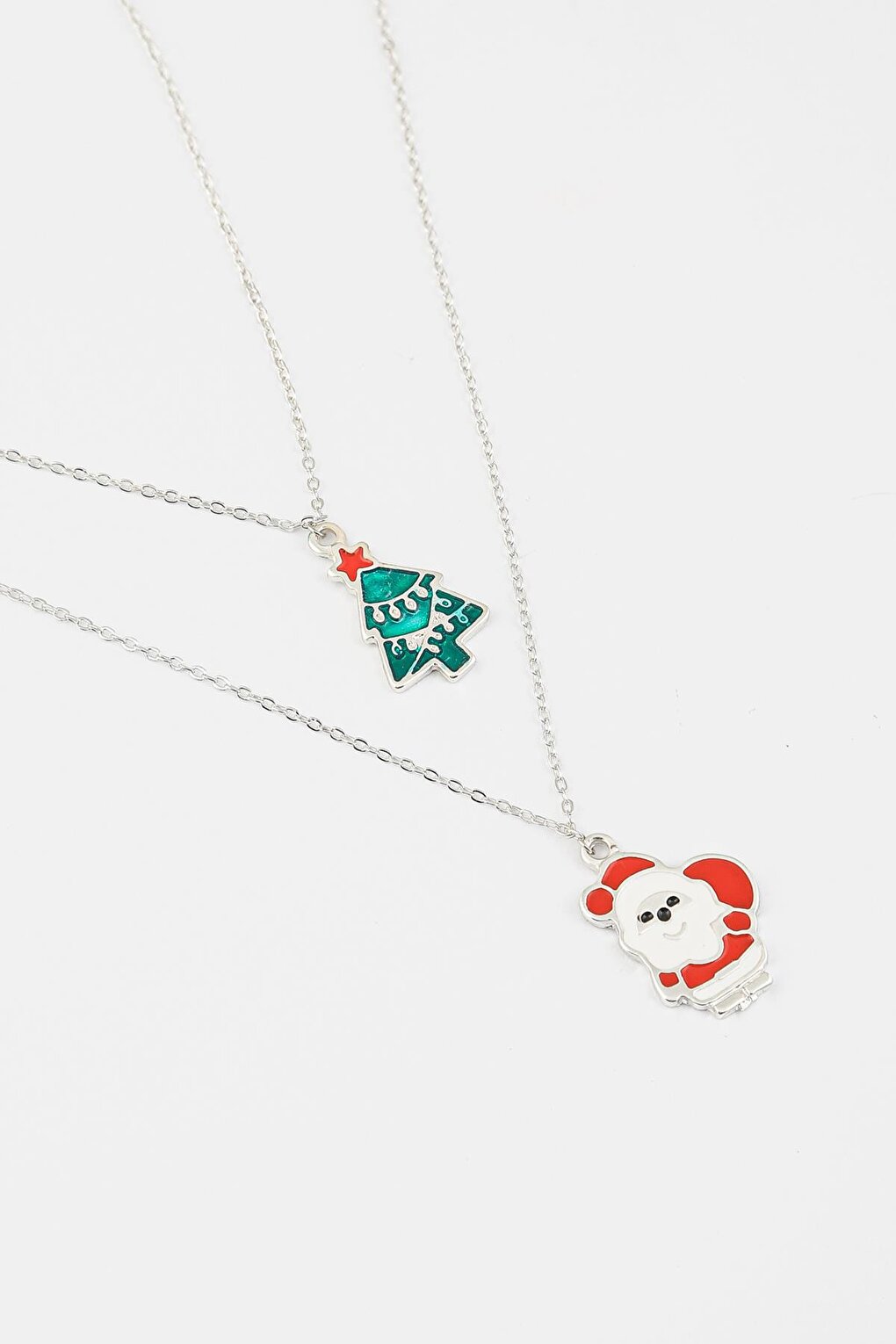 Christmas Santa Claus and Christmas Tree Figure Pendant Necklace Set 2 Pack