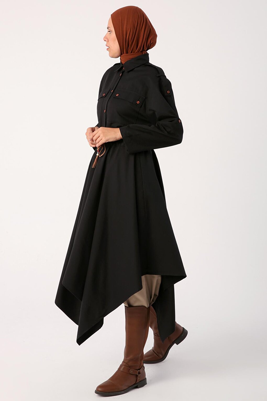 Black Asymmetric Skirt Shirt Tunic with Epaulettes