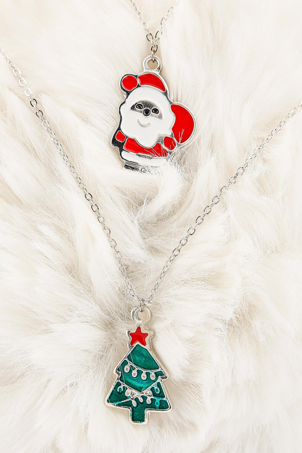 Christmas Santa Claus and Christmas Tree Figure Pendant Necklace Set 2 Pack