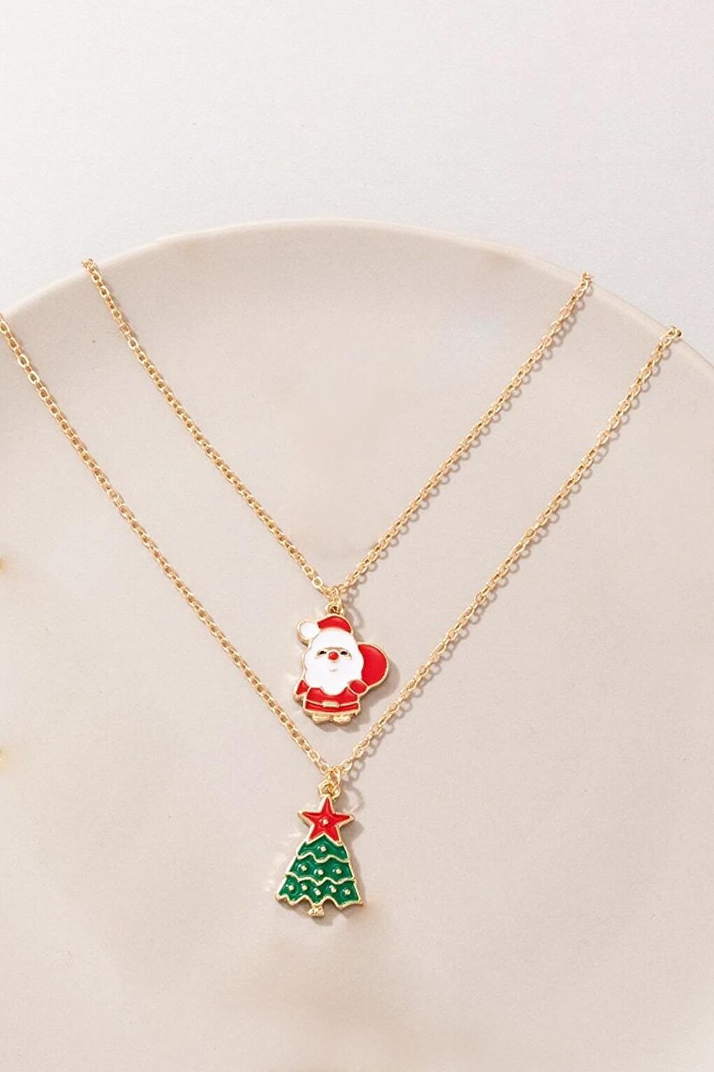 Christmas Santa Claus and Christmas Tree Figure Pendant Necklace Set 2 Pack