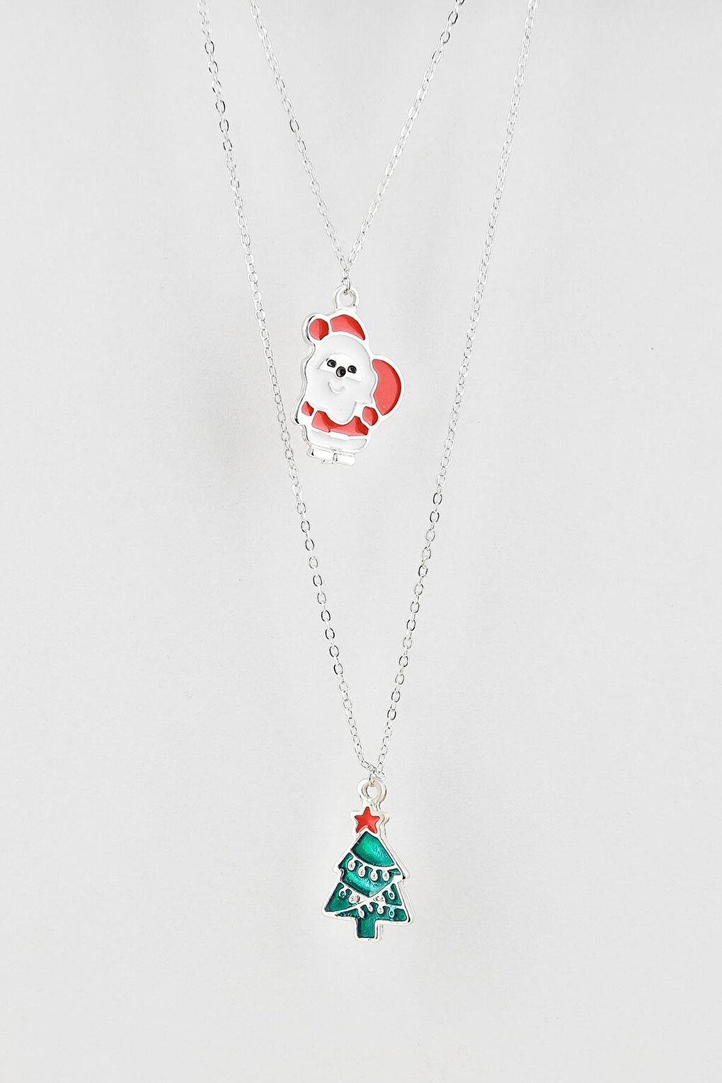 Christmas Santa Claus and Christmas Tree Figure Pendant Necklace Set 2 Pack