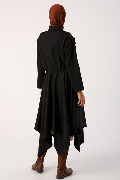 Black Asymmetric Skirt Shirt Tunic with Epaulettes