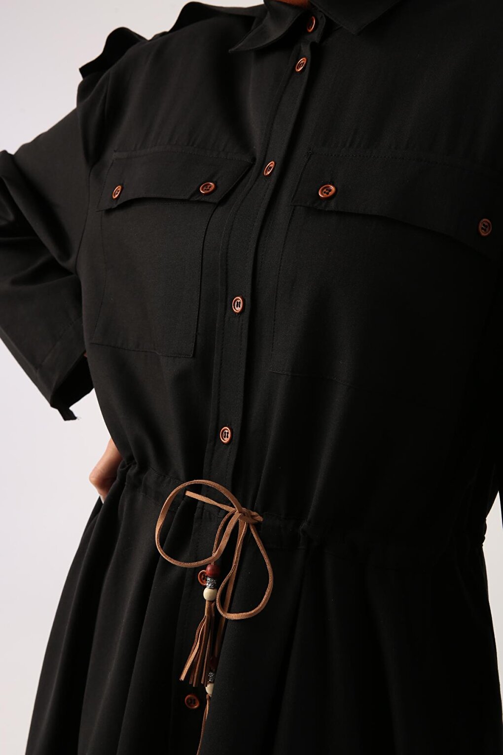 Black Asymmetric Skirt Shirt Tunic with Epaulettes