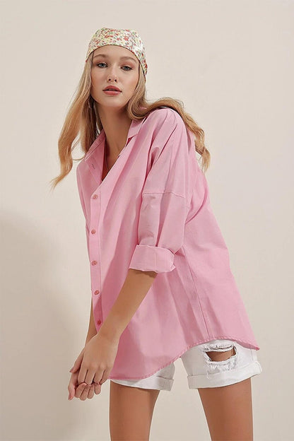 Women's Candy Pink Plain Plain Araboy Basic Oversize Shirt